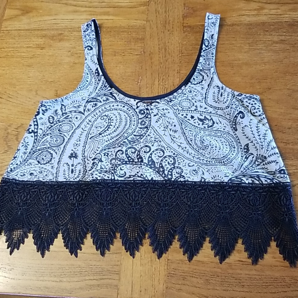 Free People sheer crop top with lace hem